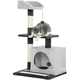 PawHut Cat Scratching Tree 85 cm with Platforms Light Grey and Black | Cat Tree, Climbing Tower, Cave, Scratching Posts, Sisa
