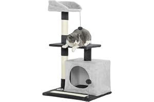PawHut Árbol Rascador para Gatos, Árbol para Gatos 85 cm, Torre Escalador con Plataformas, Cueva, Postes Rascadores, Tapete de Sisal, Bolas, Gris Claro y Negro