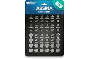 ABSINA Pack de 48 Pilas botón Alcalinas & Litio - 4X AG1 LR621 / 4X AG3 LR41 / 8X AG4 LR66 / 8X AG10 LR1130 / 8X AG13 LR44 / 4X CR2016 / 4X CR2025 / 8X CR2032 - Pila 1,5V & 3V - Baterías de botón