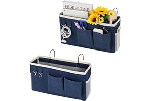 Fittoway Bed Bag Bed Organiser Hanging Bag Bunk Bed Storage Bag for Book, Magazine, Toy, Mobile Phone, Headphones (2 Pieces Navy Blue)