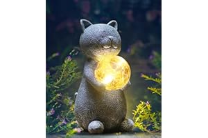 Goodeco Solar Powered LED Cat Statue Garden Ornaments, Outdoor Cats Figurine With Solar Ball Decoration For Patio Lawn Yard Decor Gifts - Grey, 19.2cm