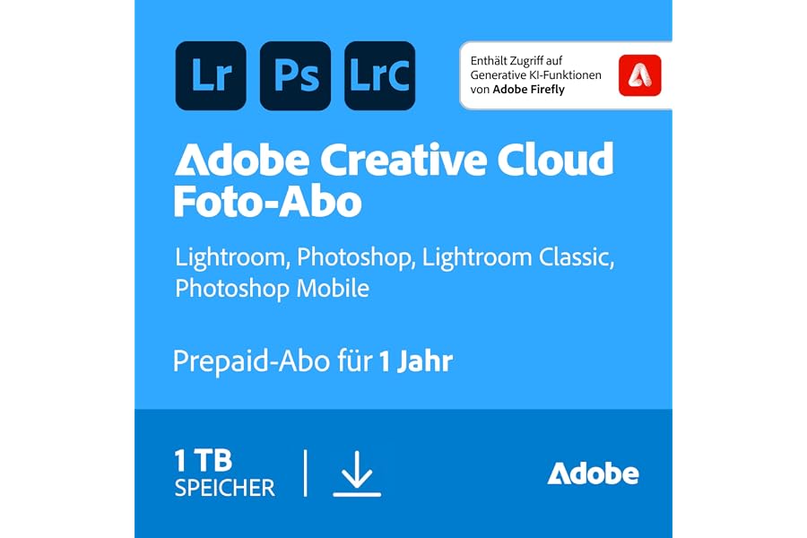 Adobe Creative Cloud Foto-Abo 1TB | inkl. Lightroom & Photoshop | 1 Jahr | KI-unterstützte Bildbearbeitung | WIN/MAC|Download