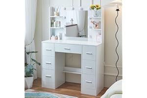 CAULITAR Bedroom Dressing Table Vanity Desk with Mirror and Drawer, White Vanity Table with Lights Bulbs Build-in, 7 Drawer & 6 Shelves, Make up Desk Vanity Table for Girls Women H3370UK
