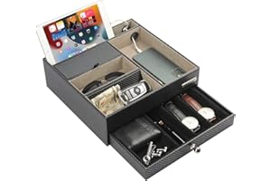 J JACKCUBE DESIGN JackCubeDesign Multi-Functional Night Stand Black Leather Jewellery Box Catch All Valet Tray Organiser Storage Case Tray with Drawer and Charging Hole(Black, 28 x 27 x 8.9 cm)- :MK389A