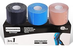 GTAGKOMMEN 3 Rollos，Nero+Blu+Beige Cinta de Kinesiología Deportiva cada volumen 5 m x 5 cm Vendaje kinesiológico para hombros, rodilla, codo, Alivio dolor muscular, Elásticas, Impermeable