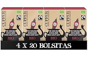 Cupper - 1 Caja x 4 unidades (20 Bolsitas) de Té Negro Ecológico English Breakfast - Apto para Veganos - Propiedades Estimulantes - Ayuda a Disminuir el Cansancio y la Fatiga