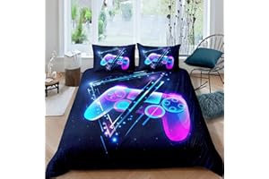 HOMEMISSING Gamepad Spiele 155x220cm Bettwäsche Galaxy Gaming Bettwäsche Set Videospiel Controller Bettbezug für Kinder Kinder Jungen Dreieck Geometrie Gamer Konsole Aktionstasten Bettwäsche Blau Lila