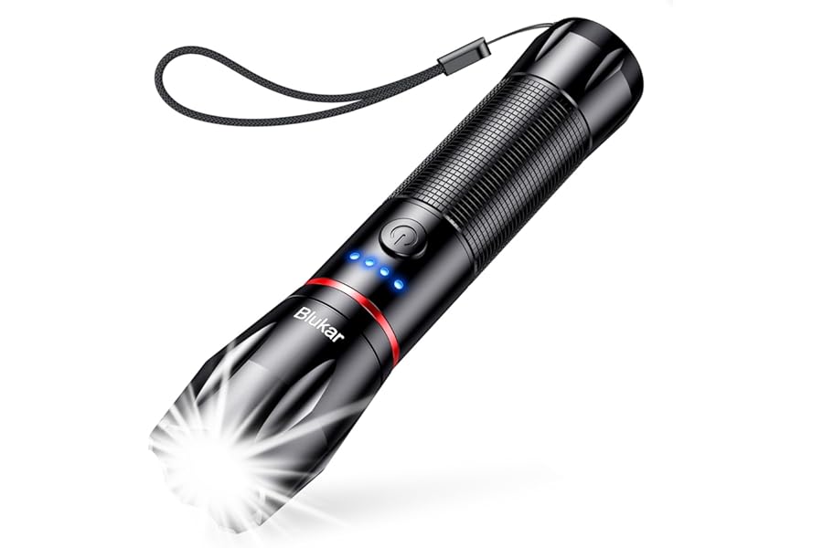 Blukar ​LED Torch Rechargeable, Super Bright Flashlight with 5 Modes, Adjustable Focus, Water Resistant, Lightweight Handheld Torch for Camping, Running, Dog Walking, Power Cut, Emergency etc-Black