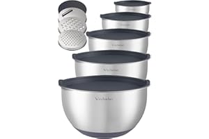 Winzbacher Lot de 5 saladiers en acier inoxydable avec couvercle - 1 l + 1,5 l + 2,5 l + 3,5 l + 4,5 l - Saladier - Antidérapant - Empilable - Passe au lave-vaisselle - Avec râpe