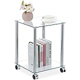 Relaxdays Tavolino con Ruote, 2 Ripiani, Quadrato, per Salotto, Vetro e Acciaio, Tavolo da Divano, Trasparente Argentato, pla