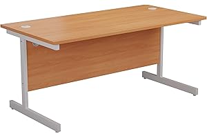 Office Hippo Heavy Duty Rectangular Cantilever Office Desk, Home Office Desk, Office Table + Integrated Cable Ports, PC Desk For Office or Home, 5 Yr Wty - White Frame/Beech Top, 120cm x 60cm