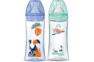 DODIE Set of 2 Anti-Colic Bottles with Round Teats 330 ml + 6 Months 3 Speeds Flow 3 – Blue and Green