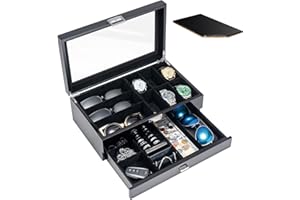 ProCase Caja para Relojes y Gafas, Estuche para Reloj y Joyero Almacenamiento con Tapa de Cristal Cajón para Anillos Pulseras -Negro