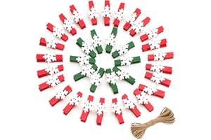 jijAcraft Rot-Grün Kleine Holzklammern mit Schneeflocken: 3,5cm Holz Wäscheklammern Weihnachten mit Juteschnur, 50 Stück Mini Fotoklammern für Adventskalender Weihnachtsdekoration DIY Basteln