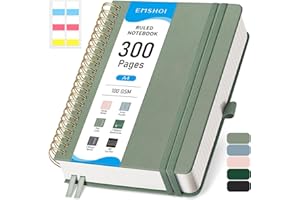 EMSHOI A4 Notebook College Ruled, Spiral Notepad 150 Sheets/300 Pages, 100gsm, HardCover, Sticky Notes, Pocket, Pen Loop, Ruler, Bookmark, Lined Journal for Women Men Writing, 21x28.5cm, Sage Green