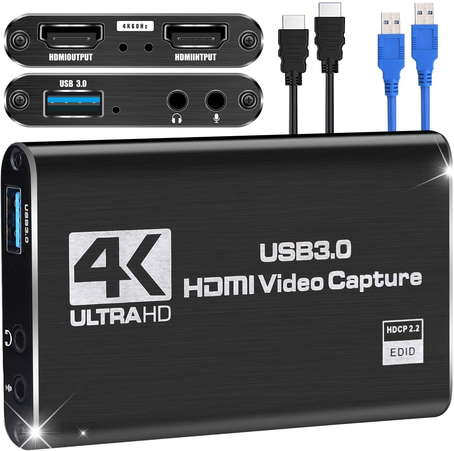 Microware Game Capture Card, 4K USB 3.0 HDMI Video Capture Card with HDMI Loop-Out 1080P 60FPS Live Streaming Game Recorder Device, Compatible Windows Linux OBS OS X Twitch for PS3 PS4 - Black