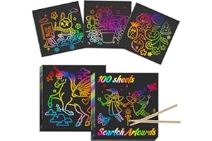 Kesote Carte a Gratter Enfant 100 Feuilles Dessin Gratters Papier Arc-en-Ciel Bricolage Enfant Cahier Dessin avec 2 Stylets en Bois Scratch Art pour Écriture, Jeux, Dessins 8 * 8cm