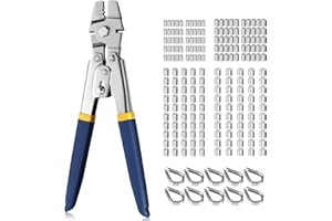 VORXEON Wire Rope Crimping Swaging Tool Kit for Wire Cable Crimps 0.1-2.2mm with 200Pcs 4 Sizes Aluminum Double Barrel Ferrule Crimper Loop Sleeve and 10Pcs Stainless Steel Thimble Assortment Kit