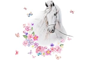 Little Deco DL464 Poster adesivo da parete con testa di cavallo, con fiori e farfalle, misura M, 37 x 42 cm (larghezza x altezza), per cameretta dei bambini