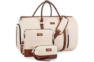 TIBES Convertible Garment Duffel Bag for Travel - Carry On Garment Bags with Toiletry Bag Large Weekender Bag for Women Men 2 in 1 Hanging Suitcase Suit Travel Duffel Overnight Bags 4pcs Set, 1-Off White,