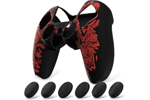 playvital Coque Protection pour ps5 Manette,Housse Silicone avec 6 Capuchon Joystick pour ps5 Grip Cover Skin Compatible avec Station de Charge-Rouge,Samouraï Prajna