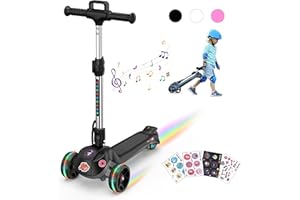 iScooter ik2 Patinete Electrico Niño, Patinete Niño De 3 Ruedas con Asa, Altavoz Bluetooth, Altura Regulable En 3 Niveles, Luz Led Arcoíris, Plegable, 3 A 12 Años, Regalo para Niños, Negro，Blanco