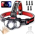 LED Head Torch Rechargeable, Zoomable Super Bright 6000 Lumen 2200 Capacity Battery USB Head light with 6 Modes & Motion Sensor,IPX5 Waterproof Headlamp for Men Adults Kids camping accessories
