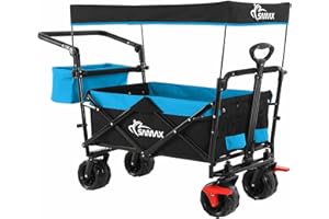 SAMAX Carro Plegable con Techo extraíble Carrito de Jardín de Mano - Carreta con Freno y Bolsa de Cola - para Jardín y Aire Libre Playa de Carro de Transporte Offroad - Negro/Azul