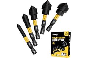 TOLESA 5PCS Countersink Drill Bit Set with 82 Degree 5 Flutes Design, Nitride Coating HSS 1/4" Hex Shank Counter Sink Drill Bit for Wood, Metal, Plastic in Size 1/4” 3/8” 1/2” 5/8” 3/4”