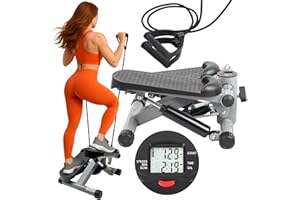 PORTENTUM Mini stepper fitness casa con bande di resistenza e schermo LCD 5 funzioni — Step 3-in-1 per gambe, glutei e braccia — Intensità regolabile — Attrezzi palestra compatti e facili da riporre
