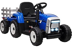 HOMCOM Tracteur électrique avec remorque Amovible, Voiture électrique Enfants de 3 à 6 Ans avec télécommande MP3 Musique Affichage lumières et Ceinture de sécurité, 12V 3-6 km/h, Bleu