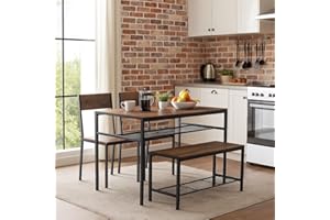 URBNLIVING 4-Piece Dining Set with Table, 2 Chairs & Bench Modern Kitchen Furniture with Sturdy Metal Frame and Wood-Look Finish Compact Design for Small Dining Rooms or Apartments