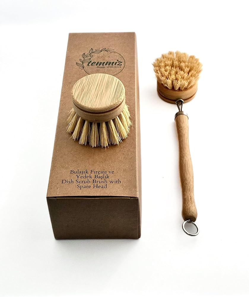 Temmiz Değiştirilebilir Başlıklı Bambu Bulaşık Fırçası, Kolayca Değiştirilebilir Sisal Fırçalı Başlık, Ergonomik Bambu Sapı, Paket İçerisinde Bir Adet Ekstra Yedek Başlık