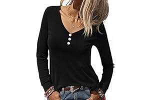 Terecey Camiseta Mujer Manga Larga Camiseta Basica de Algodón Cuello V Cómodo y Moderno Top Casual Elástico para Diario y Oficina