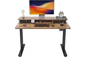 ‎FEZIBO FEZIBO Höhenverstellbarer Elektrischer Stehtisch mit Doppelschublade, 100 x 60 cm Heimbüro Schreibtisch mit Ablagefach, Sitz-Steh-Schreibtisch Computerarbeitsplatz, Rustikal Braun Oberfläche