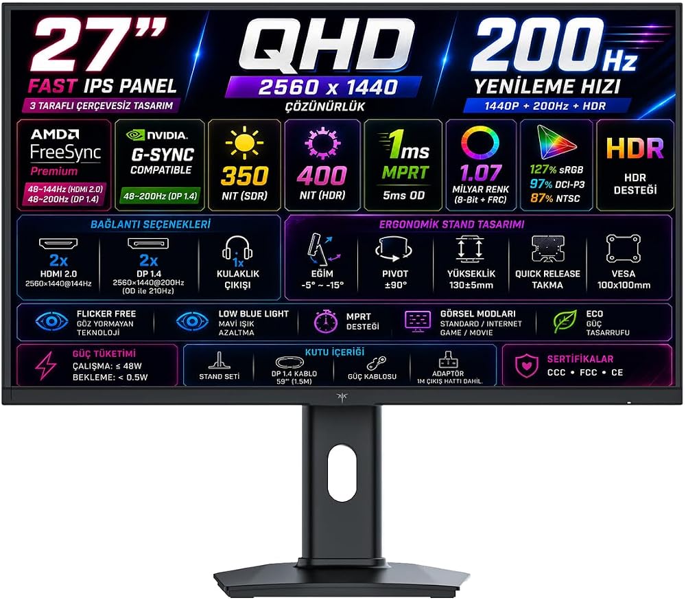 KTC H27T7P 27" 1ms MPRT 210Hz (2xHDMI+2xDisplay) HDR400 FreeSync + G-Sync Fast IPS 2K QHD (2560 x 1440) Oyuncu Monitörü