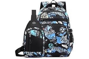 Tanou Mochila Escolar Adolescente Niño, Grande Mochilas Escolares Chico de 9 a 16 años, Juego de Mochila Instituto de Nylon de 2 Piezas con Bolso de Pecho, Fútbol Azul