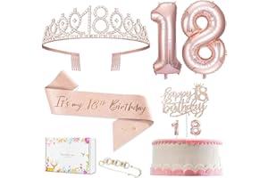 FALAMON 18th Birthday Decorations Gifts for Girls, Including 18th Birthday Sash and Rhinestone Crown Tiara, Pearl Pin, Birthday Balloon, Birthday Candle and Cake Toppers Birthday Party Supplies(Rose Gold)