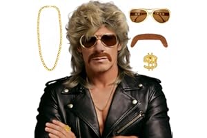 HELIXOR Vokuhila Perücke Herren - 80er 90er Jahre Outfit Hippie Perücke Blonde Herren für Karneval Kostüm, Faschingskostüme Männer, Mode Accessoires 5er Set Wigs mit Sonnenbrille, Schnurrbart, Halskette, Ring