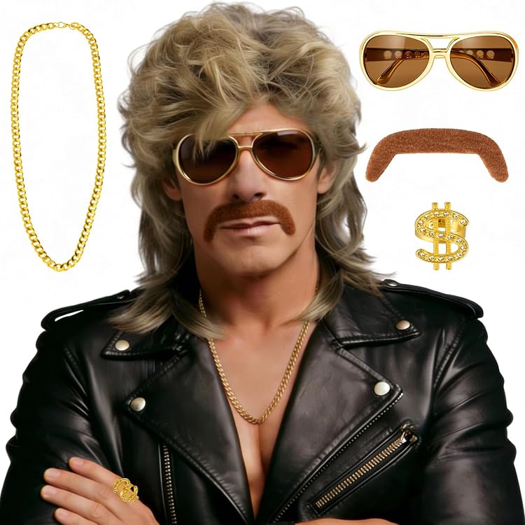 Déguisement Années 80 Homme - Kit 6 Pièces Avec Perruque Mulet, Moustache, Lunettes - Pour Fête Déguisée, Carnaval, Enterrement Vie De Garçon