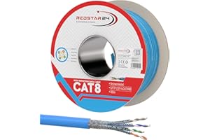 SATSHOP-FT RedStar24 CAT 8 Cavo di rete 100m - Cavo Ethernet CAT8 Schermato - Cavo dati Cat 8.1 LAN Gigabit S/FTP, PIMF, PoE, 40Gbit/s, senza alogenuri, cavo di installazione in rame - 100 metri bobina