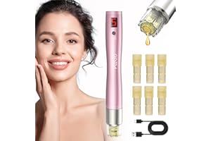 PELCAS Dermapen Aplicador Automático de Suero 5 Niveles Dermapen Profesional Recargable Microneedle Pen con Pantalla LCD Inalámbrico para Cicatrices,Arrugas,Aclaramiento,Acné,con 6 Cartuchos-Oro Rosa