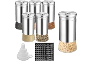 FUNYKICH 6pcs Botes para Especias,120 ml Tarros Especias, Saleros y Pimenteros de Acero Inoxidable con Etiqueta, Colador, Fondo de Vidrio y Agujeros Ajustables para Cocina, Barbacoa, Mesa de Comedor