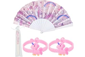 CWPFVQA 1 Éventail Pliant Cheval Arc-en-Ciel avec 1 Sac De Rangement À Cordon, 2 Bracelets Cheval Arc-en-Ciel, Éventail Pliant Portable, Accessoires De Fête Pliables