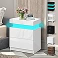 ELFORDSON LED Bedside Table with 2 Drawers and 1 Top Drawer, Bedside Cabinet with 4-side High Gloss, 16 RGB LED Colours, Side Table Nightstand for Bedroom Living Room Home Furniture, White