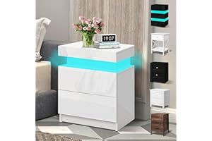ELFORDSON LED Bedside Table with 2 Drawers and 1 Top Drawer, Bedside Cabinet with 4-side High Gloss, 16 RGB LED Colours, Side Table Nightstand for Bedroom Living Room Home Furniture, White