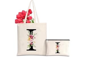 Sinekong Sac Fourre-tout en Toile avec Initiale Fleur, Sac Tote bag en Toile Trousse de Maquillage Personnalisés Idéal pour Mariage, Anniversaire, Plage, Vacances, Cadeau Parfait pour Femmes Amis