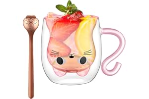 XiXiRan Té con Vidrio de Doble Pared, Tazas de Café y Té Termo Vidrio Doble, 250 ML (Rosa gato)