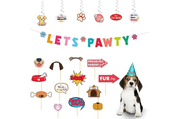 Party Propz Dog Birthday Decorations - 21 Pcs Pet Party Items Hat Cap Swirls Props Lets Pawty Banner (Cardstock)