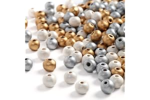 DAHI Lot de 750 perles en bois avec trou - Doré/argenté/blanc - Pour la fabrication de bijoux DIY - 3 couleurs (8 mm)
